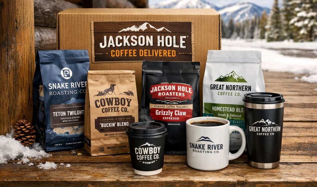 Selection of coffee bags and mugs from Jackson Hole Coffee Delivered.
