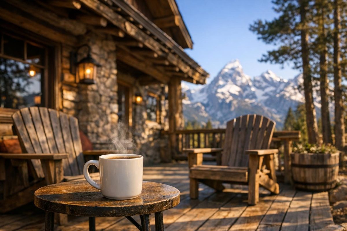 Rustic mountain coffee shop porch with steaming cup and Teton views in Jackson Hole, Wyoming