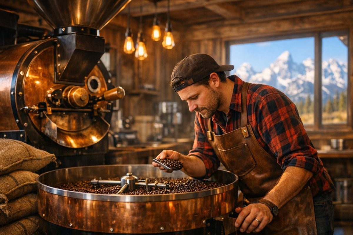 Barista checking freshly roasted coffee beans at a Jackson Hole, Wyoming roastery
